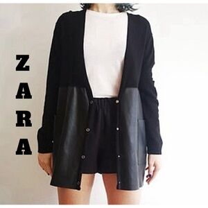 NWT! Zara Button Up Black Cardigan with 2 Front pockets and Faux Leather!